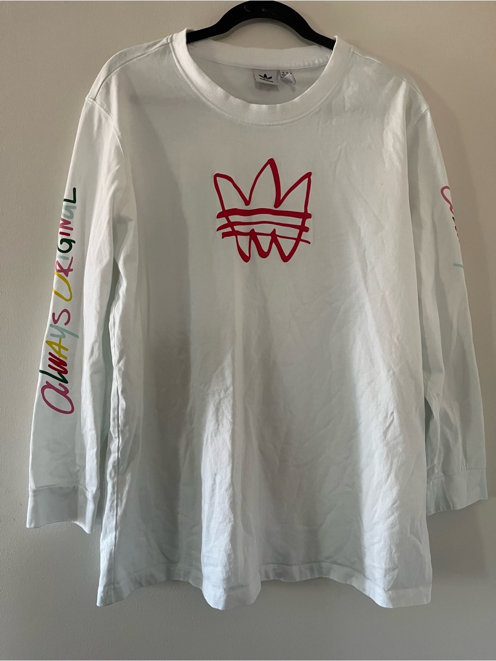 Adidas Originals Womens White Long Sleeve Graphic T Shirt 1X Trefoil Logo Cotton